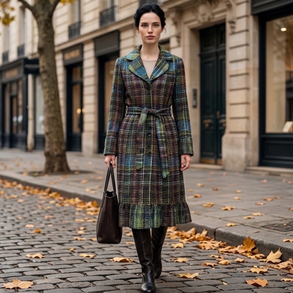 Vintage Anthropologie Elevenses Plaid Tweed Ruffle Princess Peacoat Coat M Boho